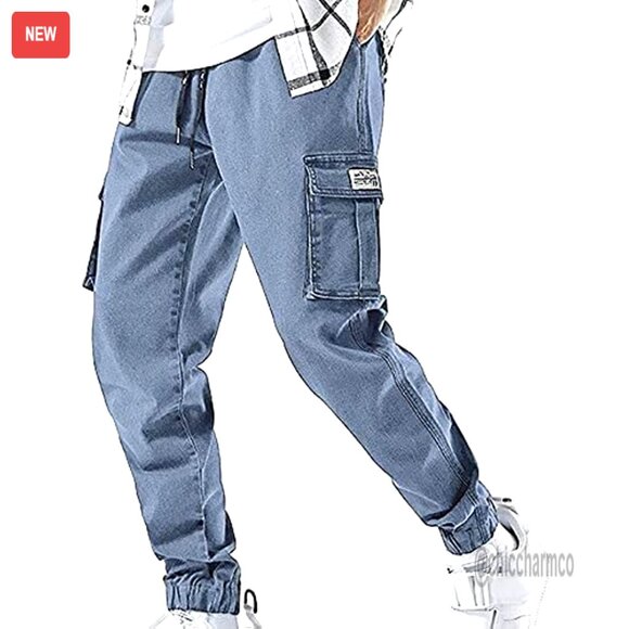 Men's Streetwear Cargo Joggers with Multi-Pocket Design and Elastic Waist